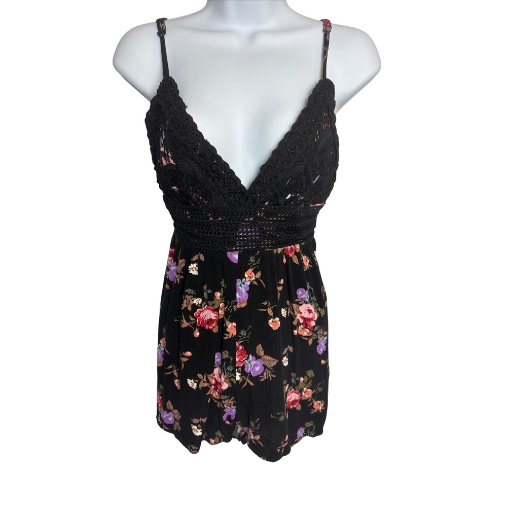 Floral Romper Small Black Crochet Lace V Neck Sleeveless Dark Romantic Festival